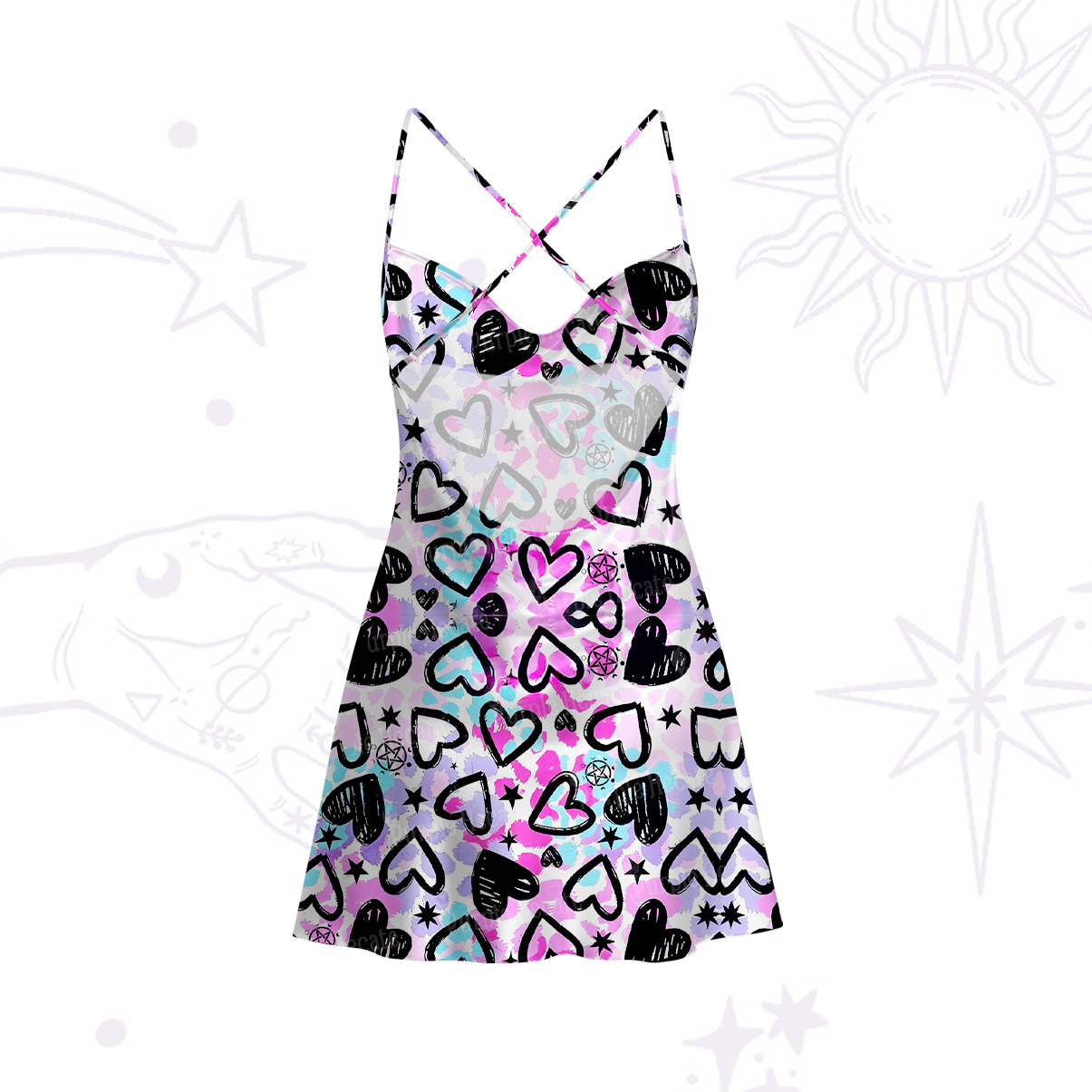 Purplehecate Heartful Magic Satin Cross Back Mini Dress