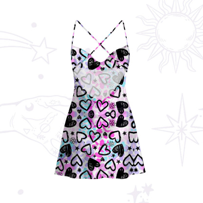 Purplehecate Heartful Magic Satin Cross Back Mini Dress