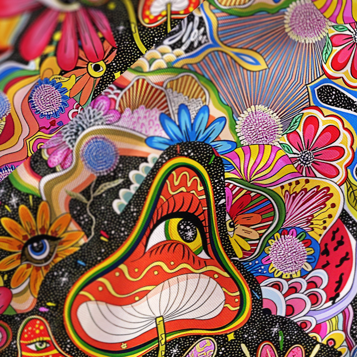 Purplehecate Magic Mushroom Meadow Satin Cross Back Mini Dress