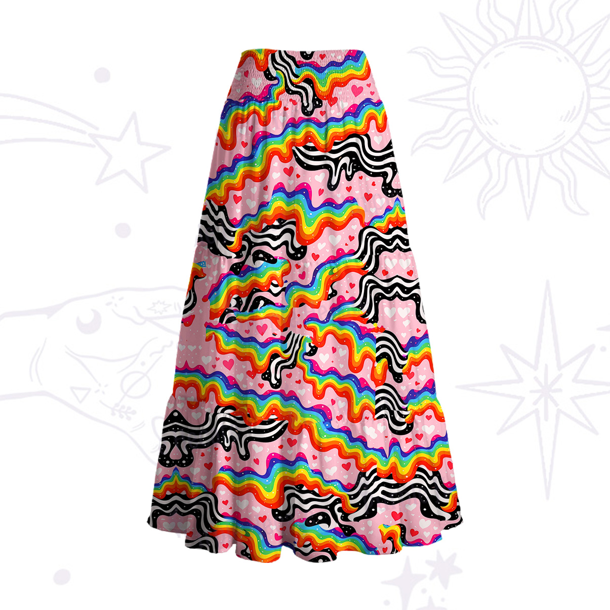Purplehecate Groovy Melty Rainbow Hearts Wavy Convertible Maxi Skirt