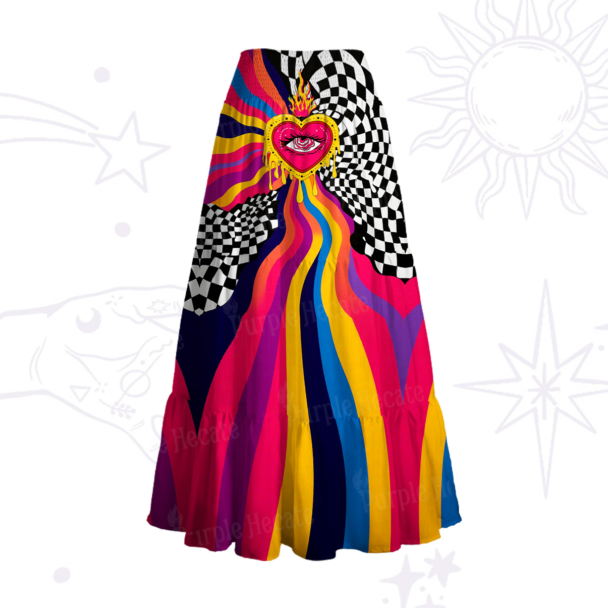 Purplehecate Trippy Heart Flame Convertible Maxi Skirt