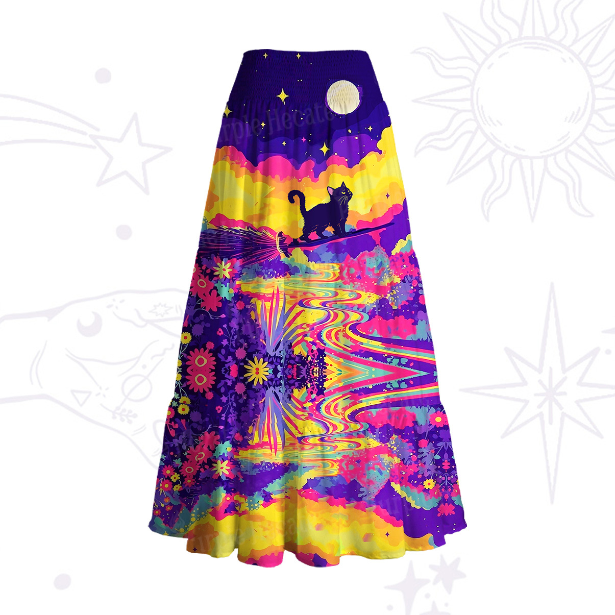 Purplehecate Midnight Cosmic Cat Fantasy Convertible Maxi Skirt