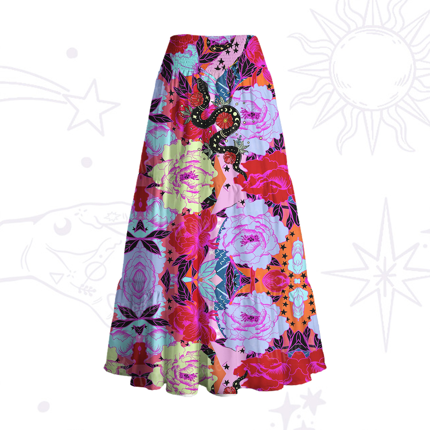 Purplehecate Enchanted Black Serpent & Floral Pattern Convertible Maxi Skirt