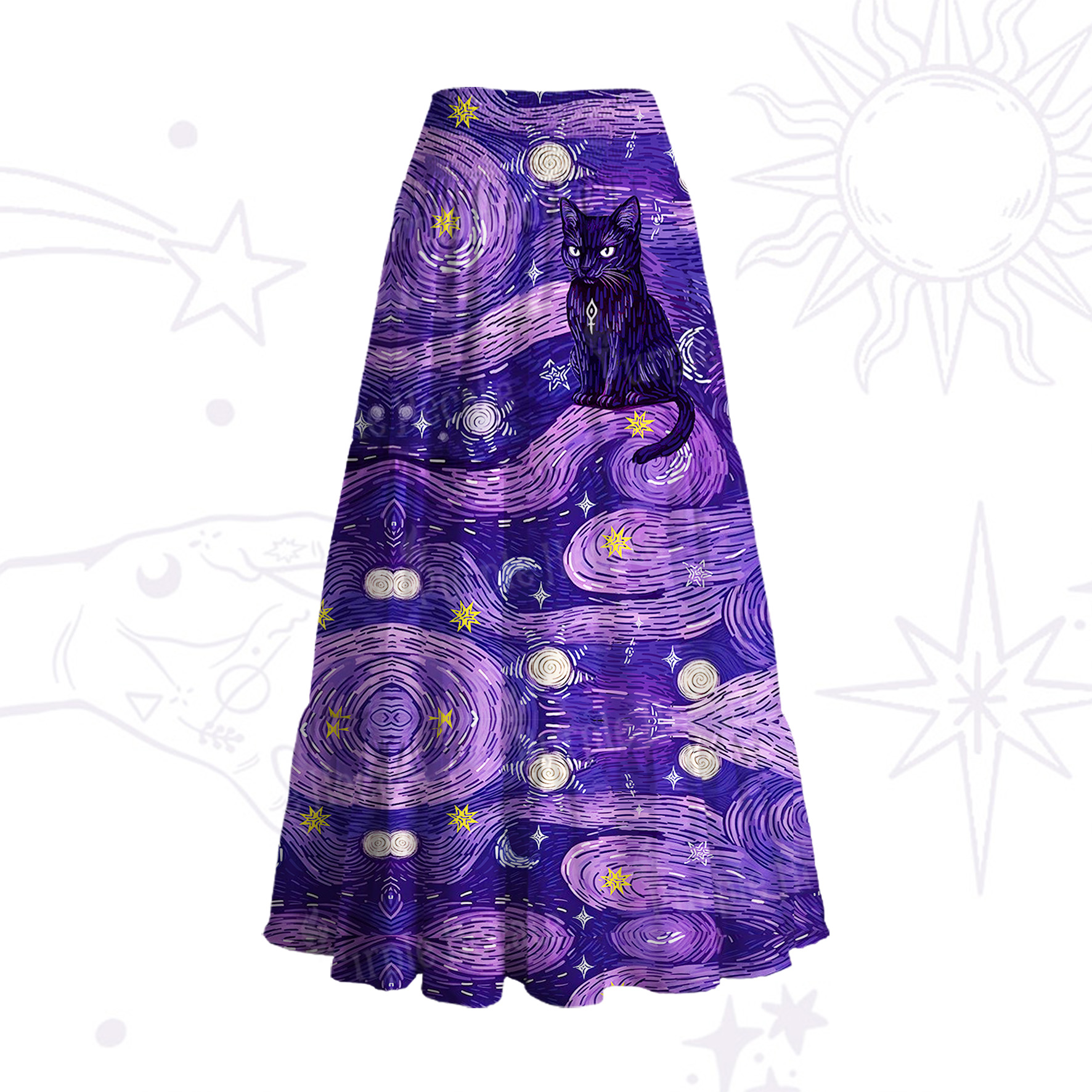 Purplehecate Mystic Cat Beneath the Cosmic Veil Convertible Maxi Skirt