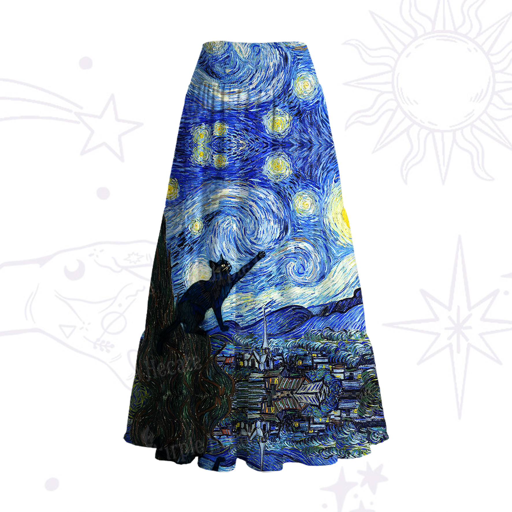 Purplehecate Witch Cat Under the Starry Night Convertible Maxi Skirt