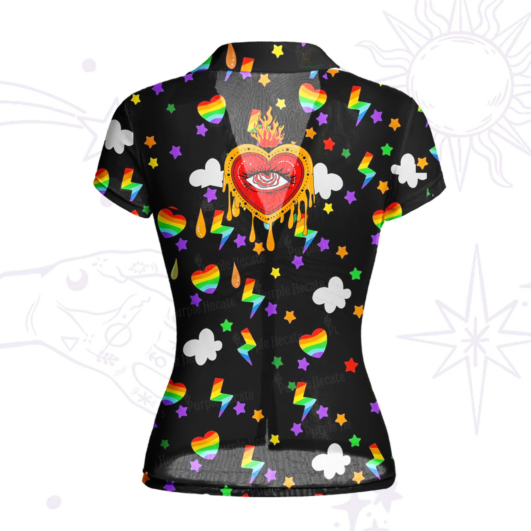 Purplehecate Rainbow Sacred Heart All Seeing Eye Pride Mesh Button Up Shirt