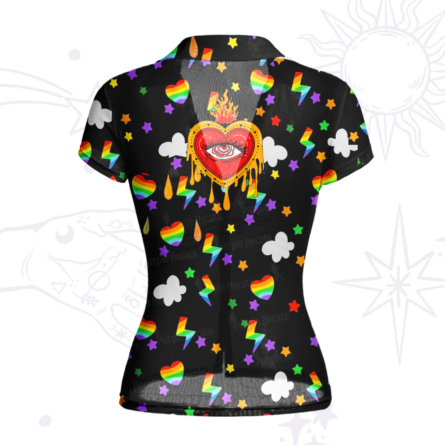 Purplehecate Rainbow Sacred Heart All Seeing Eye Pride Mesh Button Up Shirt
