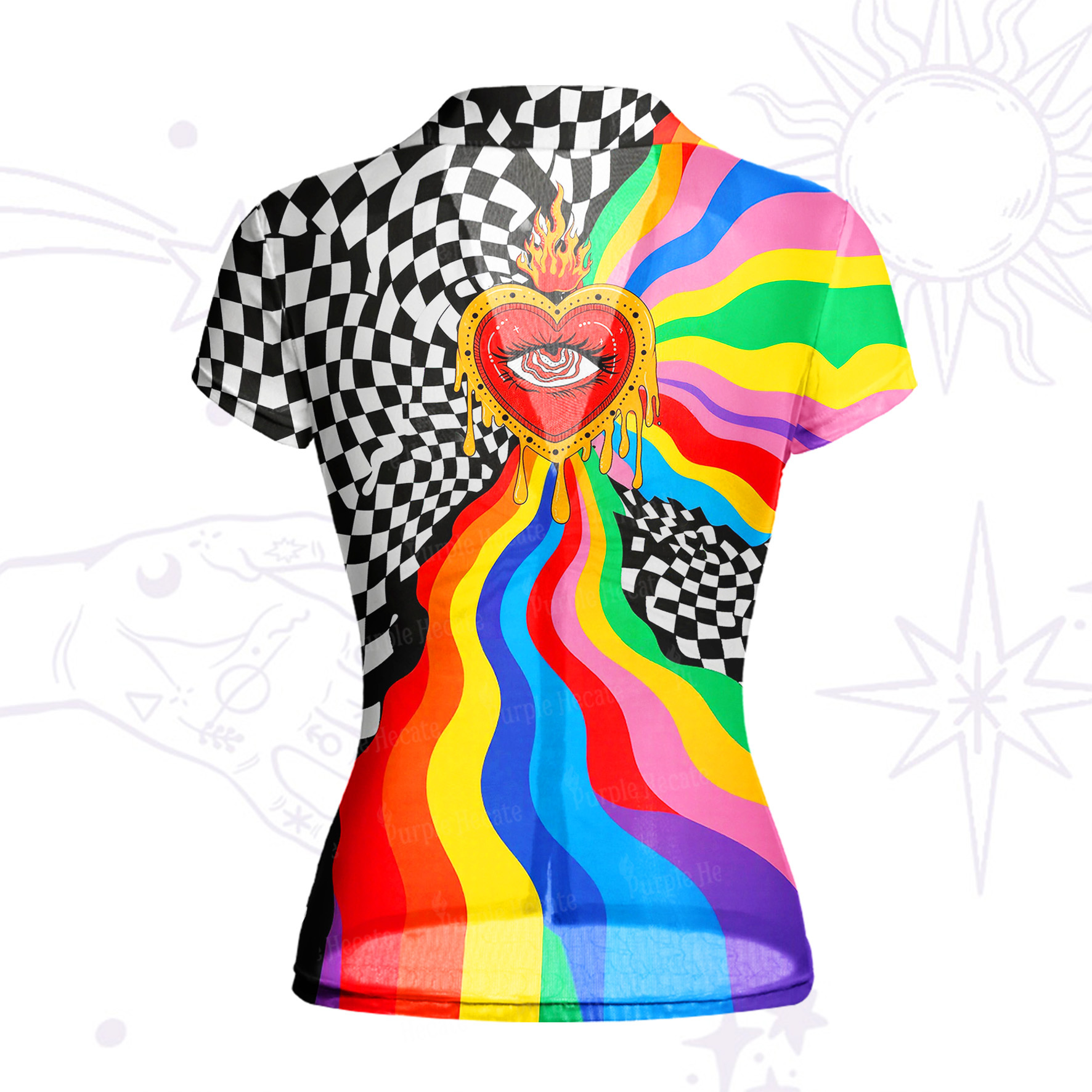 Purplehecate Trippy Rainbow Heart Eye Mesh Button Up Shirt