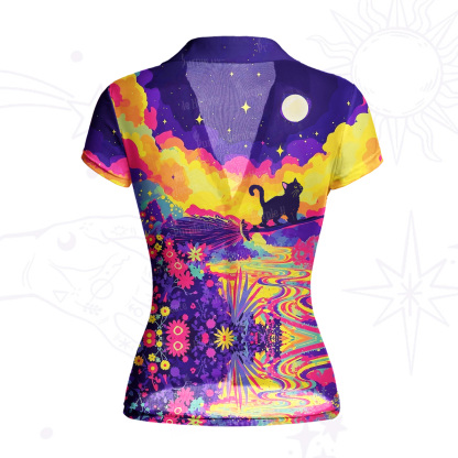 Purplehecate Midnight Cosmic Cat Fantasy Mesh Button Up Shirt
