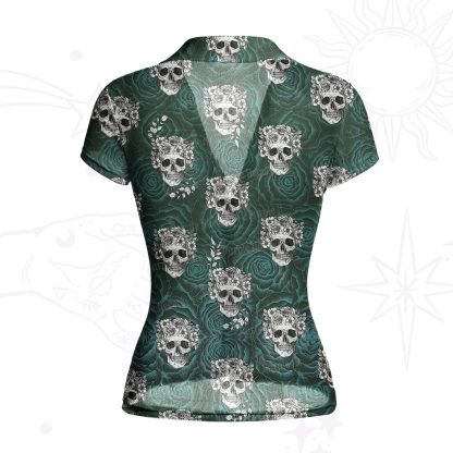 Purplehecate Rose Skull Mesh Button Up Top
