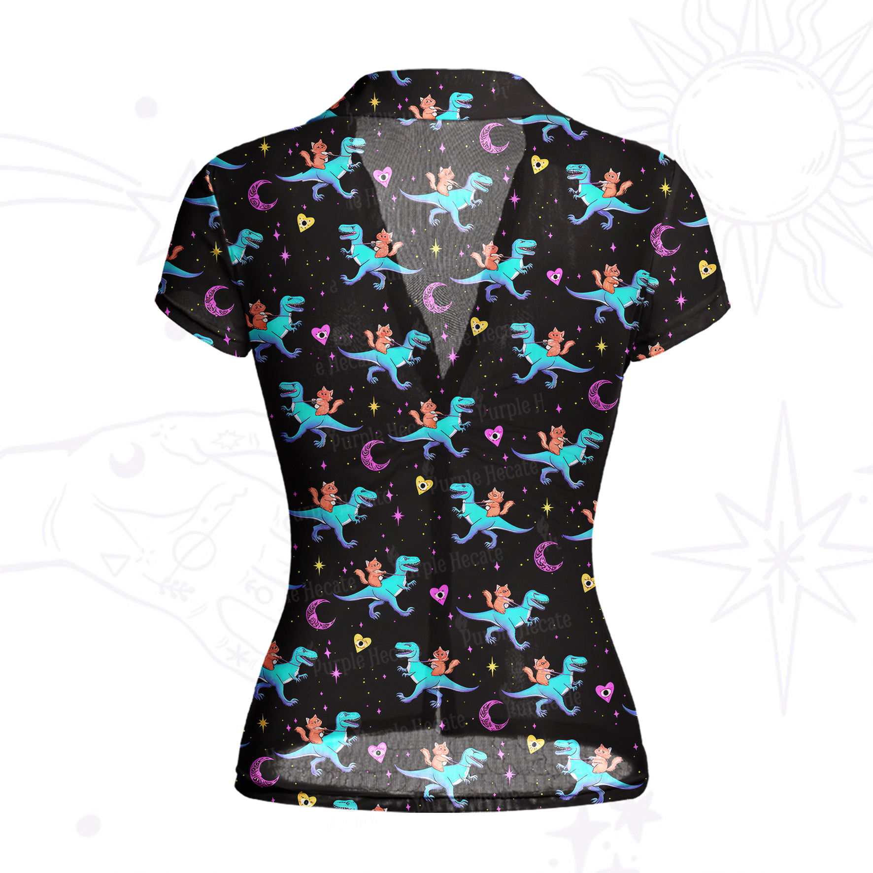 Purplehecate Witch Cat Rides the Dino Mesh Button Up Shirt