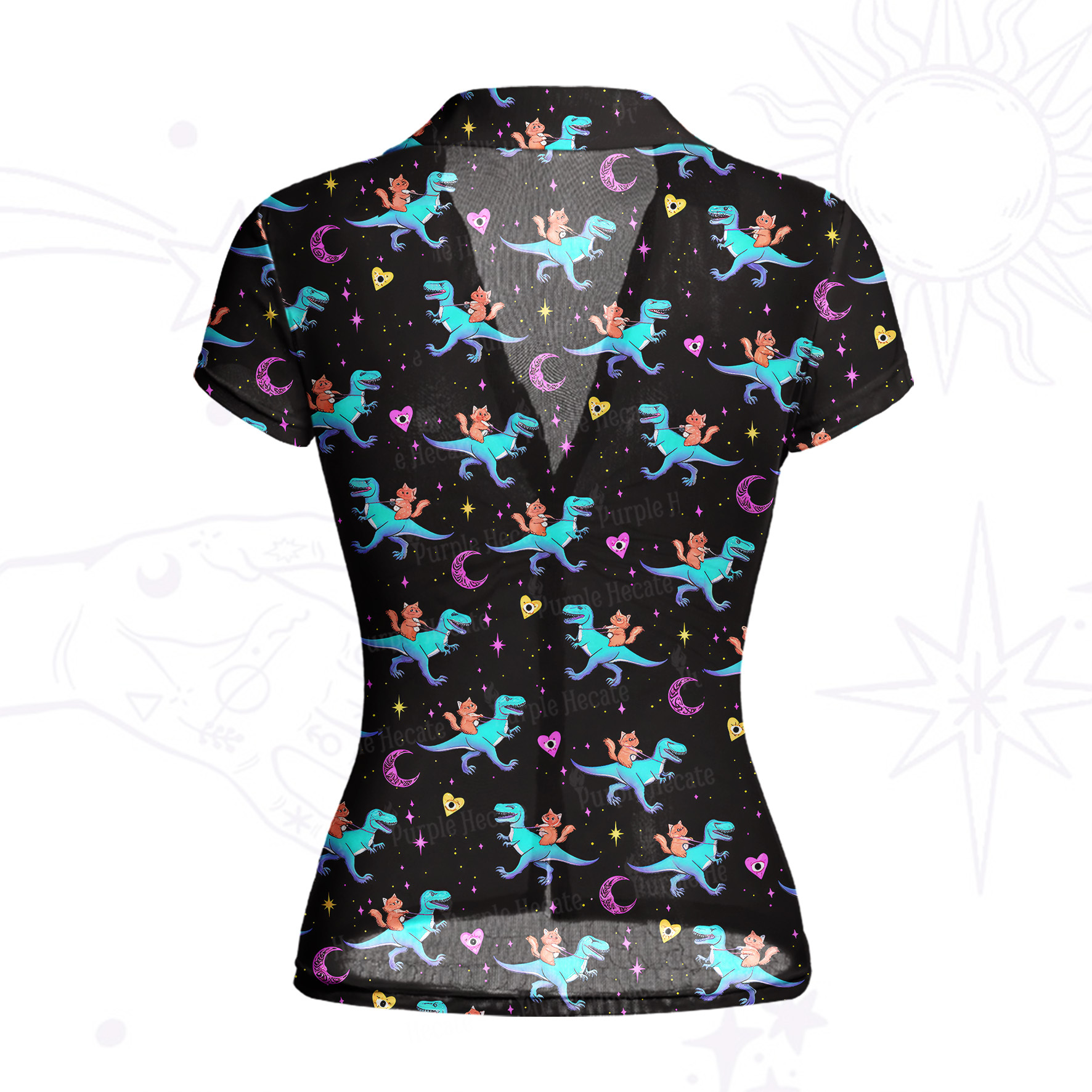 Purplehecate Witch Cat Rides the Dino Mesh Button Up Shirt