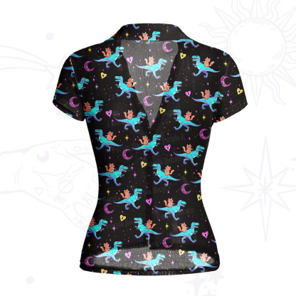 Purplehecate Witch Cat Rides the Dino Mesh Button Up Shirt