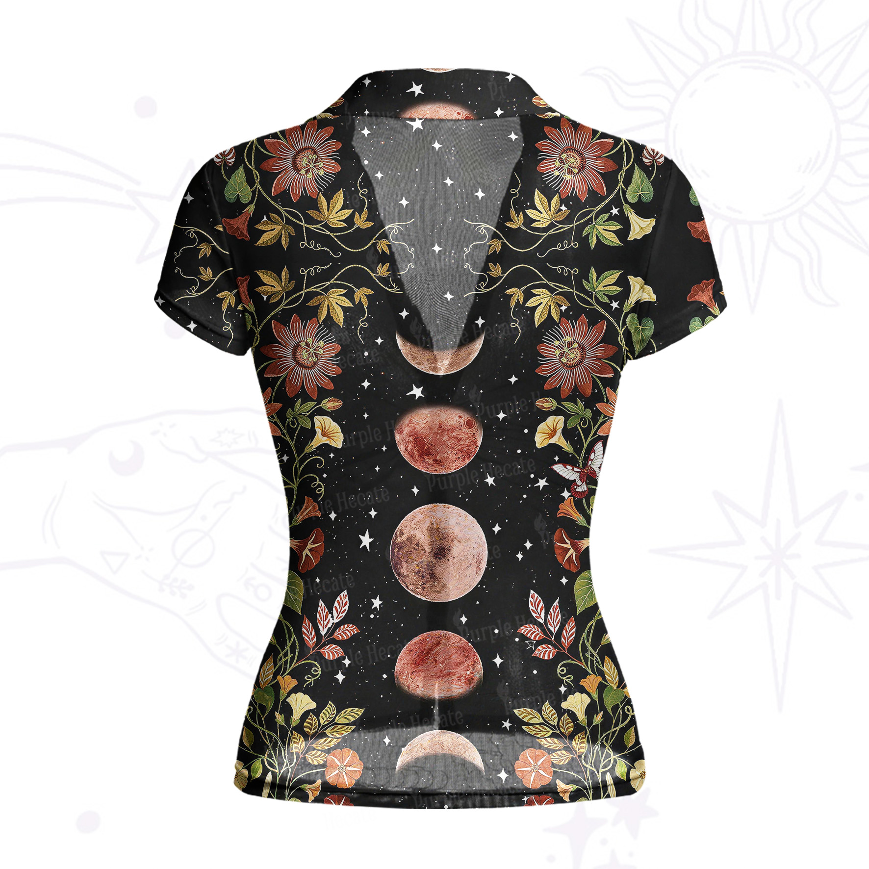 Purplehecate Moon Phase Floral Mesh Button Up Shirt