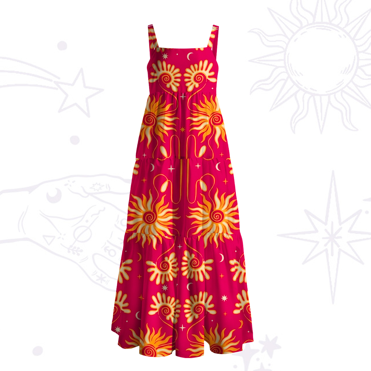 Purplehecate Golden Cosmic Sunflower Wide Straps Maxi Dress