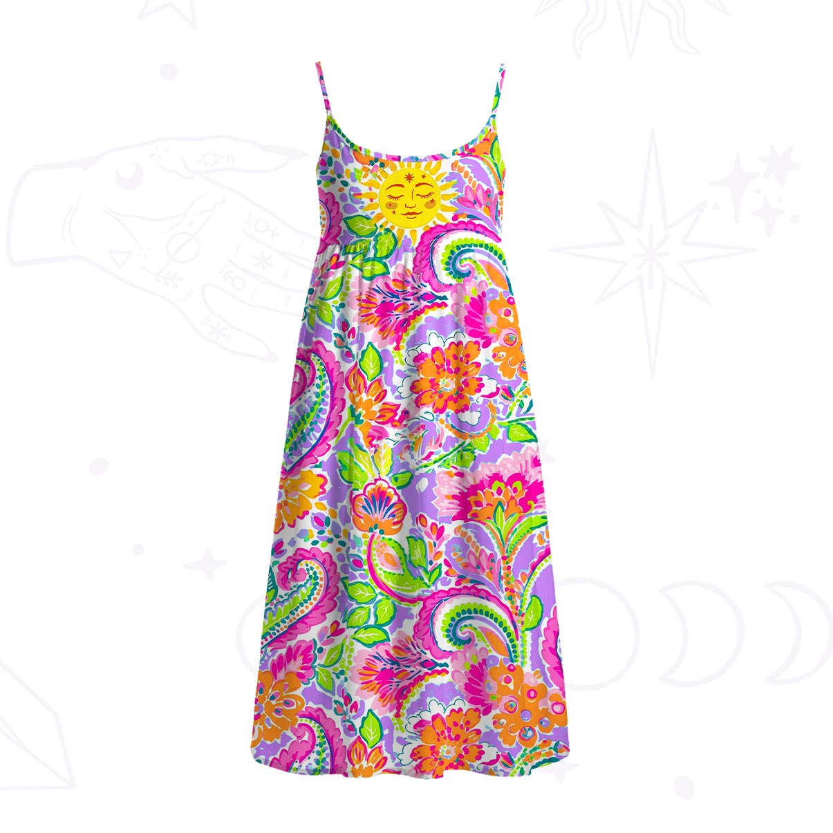 Purplehecate Sun Bloom Fiesta Spaghetti Strap Midi Dress
