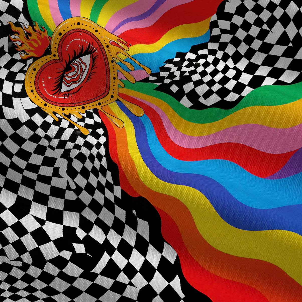 Purplehecate Trippy Rainbow Heart Eye Tie Shoulder Maxi Dress