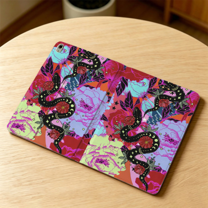 Purplehecate Enchanted Black Serpent & Floral Pattern iPad Case