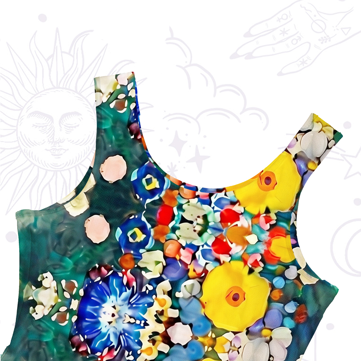 Purplehecate Fluffy Black Cat in Colorful Flower Field Mesh Maxi Tank Beach Dress