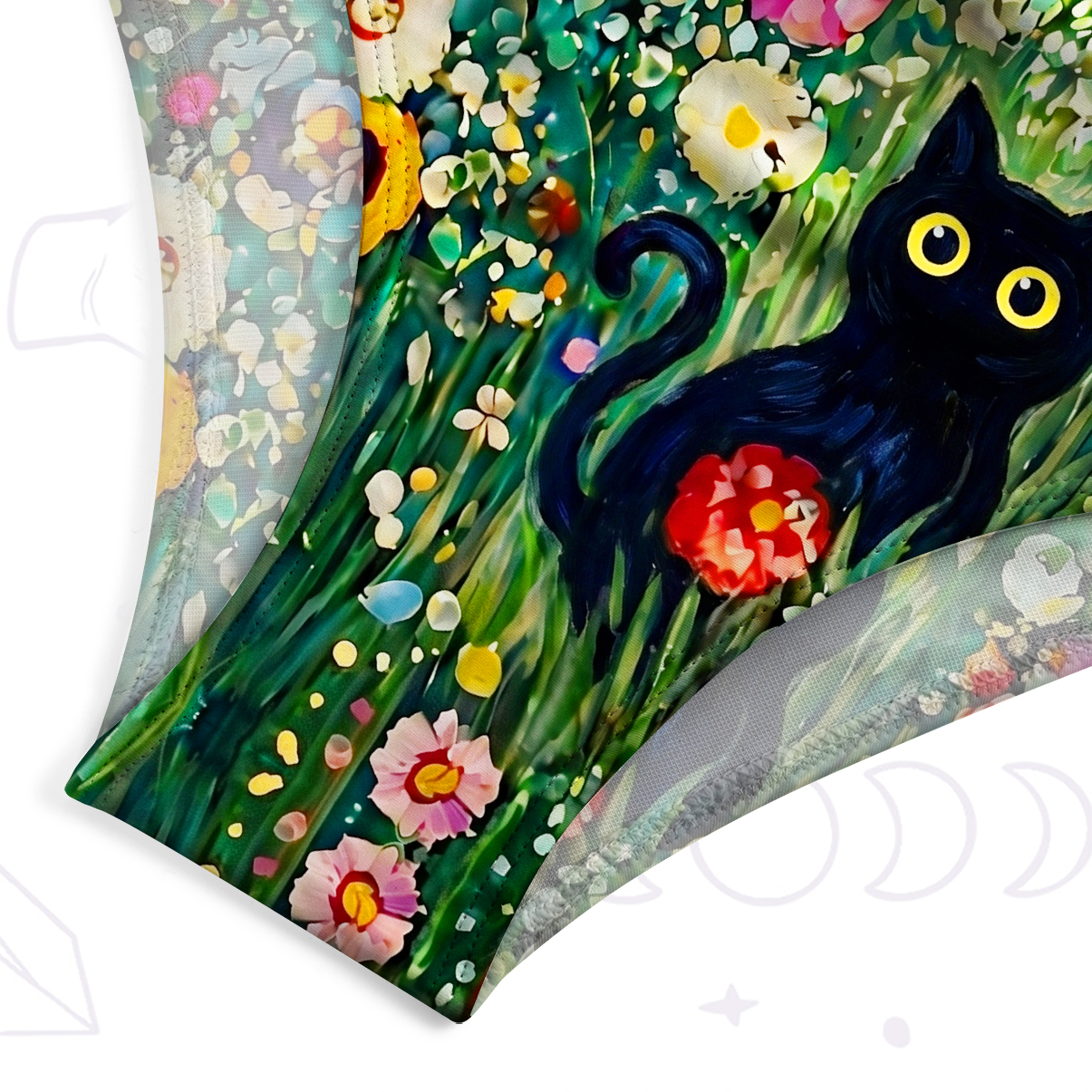 Purplehecate Fluffy Black Cat in Colorful Flower Field One-Piece Swimsuit