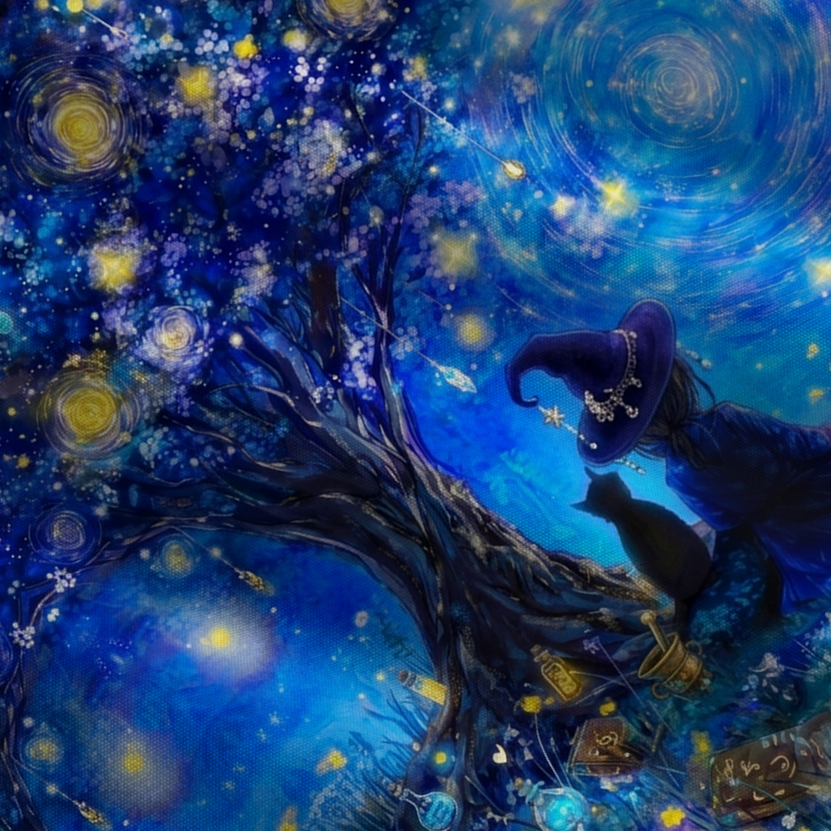 Purplehecate Moonlit Witch & Starry Cat Tie Shoulder Maxi Dress