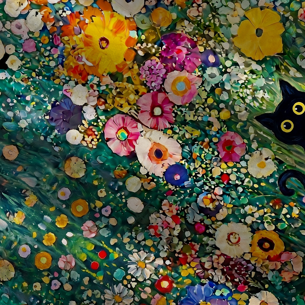 Purplehecate Fluffy Black Cat in Colorful Flower Field Tie Shoulder Maxi Dress