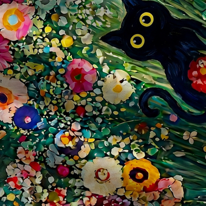 Purplehecate Fluffy Black Cat in Colorful Flower Field Wide Leg Jumpsuit