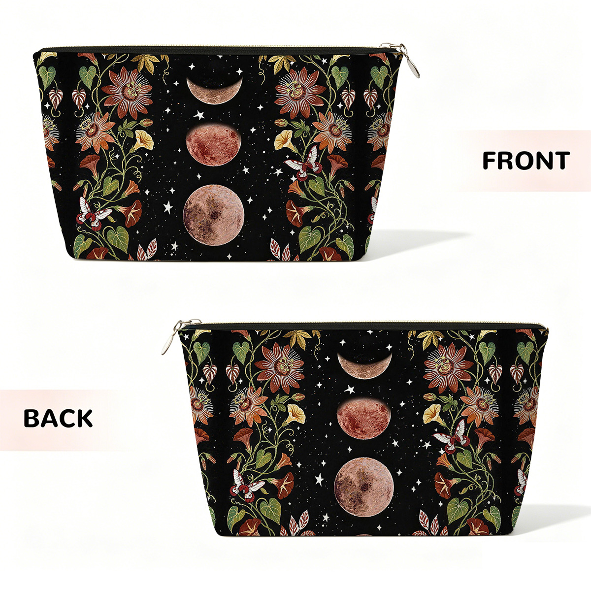 Purplehecate Moon Phase Floral Zip Makeup Bag