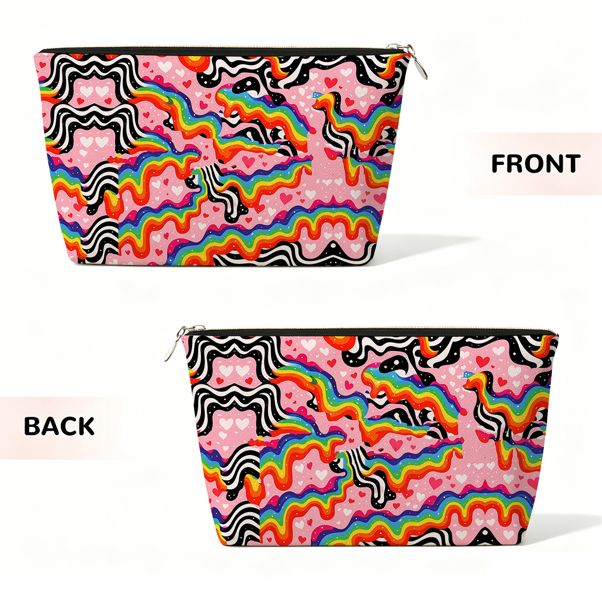 Purplehecate Groovy Melty Rainbow Hearts Wavy Zip Makeup Bag