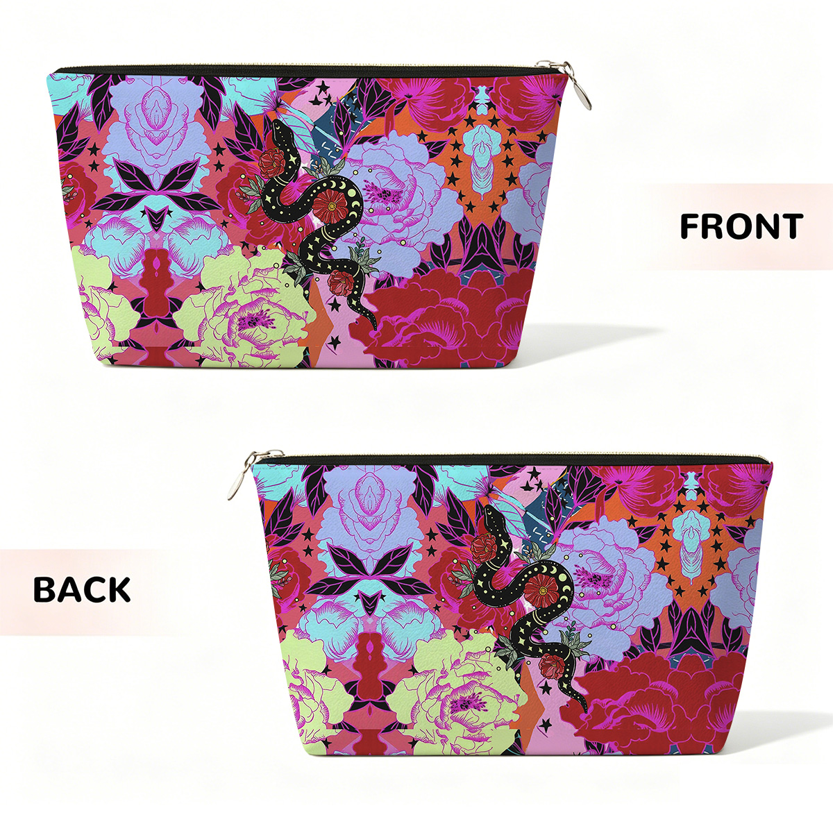 Purplehecate Enchanted Black Serpent & Floral Pattern Zip Makeup Bag