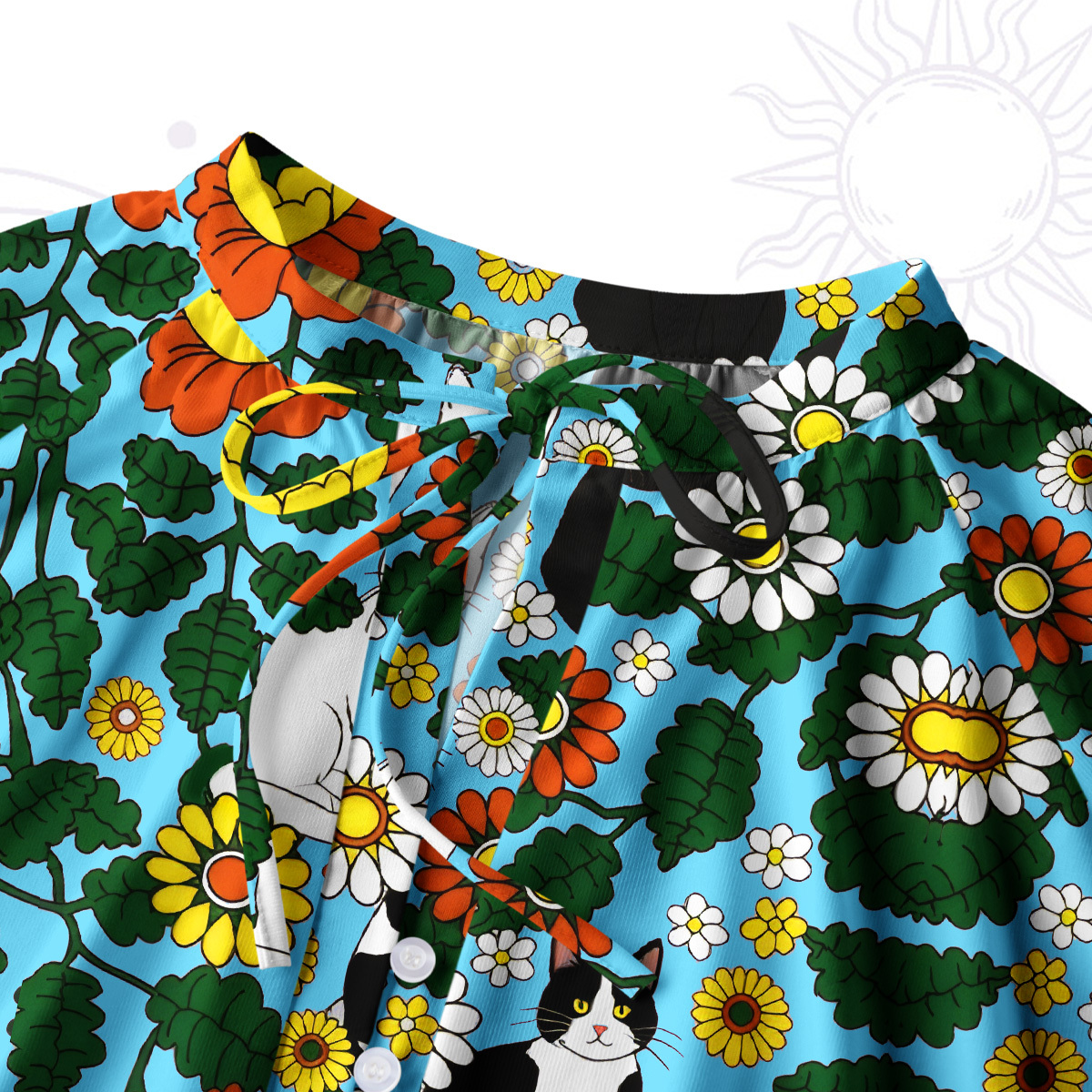 Purplehecate Daisy Cat  Garden Split Neck Tie Blouse