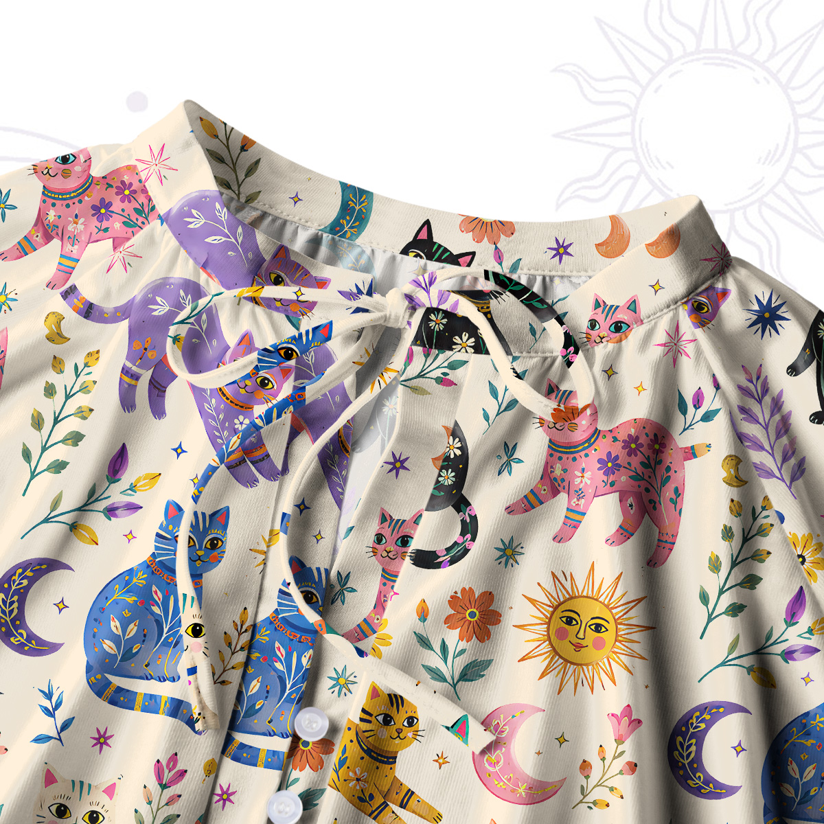 Purplehecate Rainbow Magic Cats Split Neck Tie Blouse