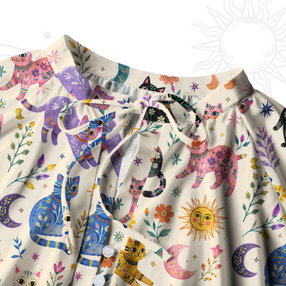 Purplehecate Rainbow Magic Cats Split Neck Tie Blouse