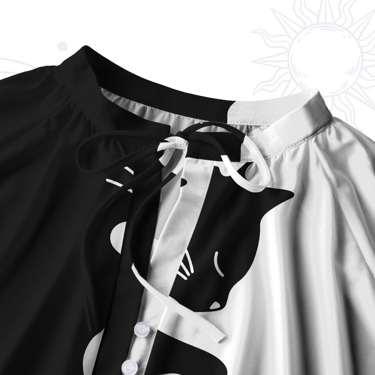 Purplehecate Yin Yang Cat Lover Split Neck Tie Blouse