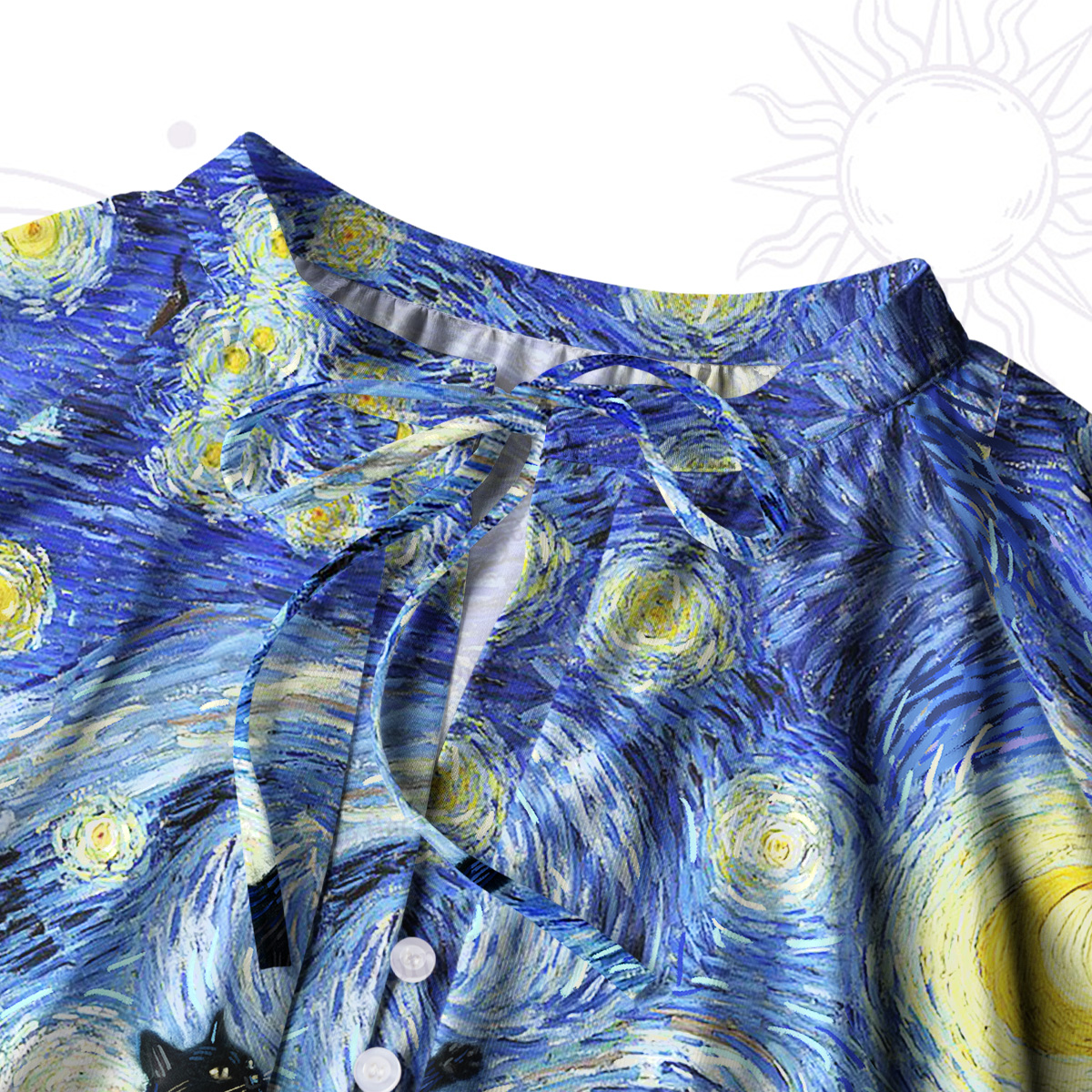 Purplehecate Witch Cat Under the Starry Night Split Neck Tie Blouse