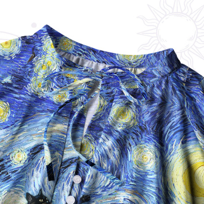 Purplehecate Witch Cat Under the Starry Night Split Neck Tie Blouse