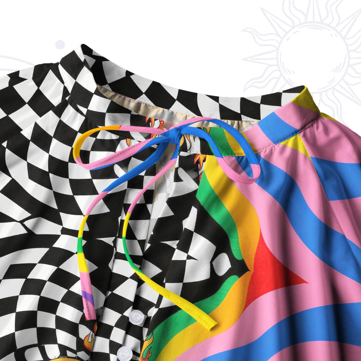 Purplehecate Trippy Rainbow Heart Eye Split Neck Tie Blouse