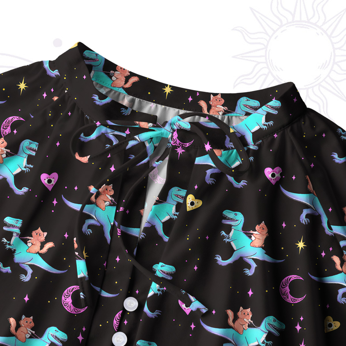 Purplehecate Witch Cat Rides the Dino Split Neck Tie Blouse