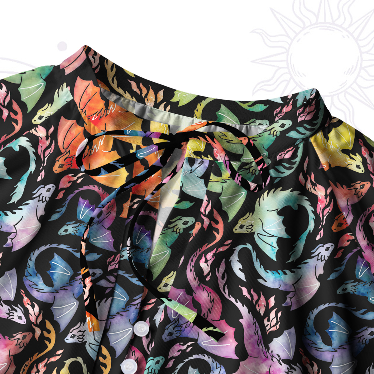 Purplehecate Rainbow Dragon Fire Split Neck Tie Blouse