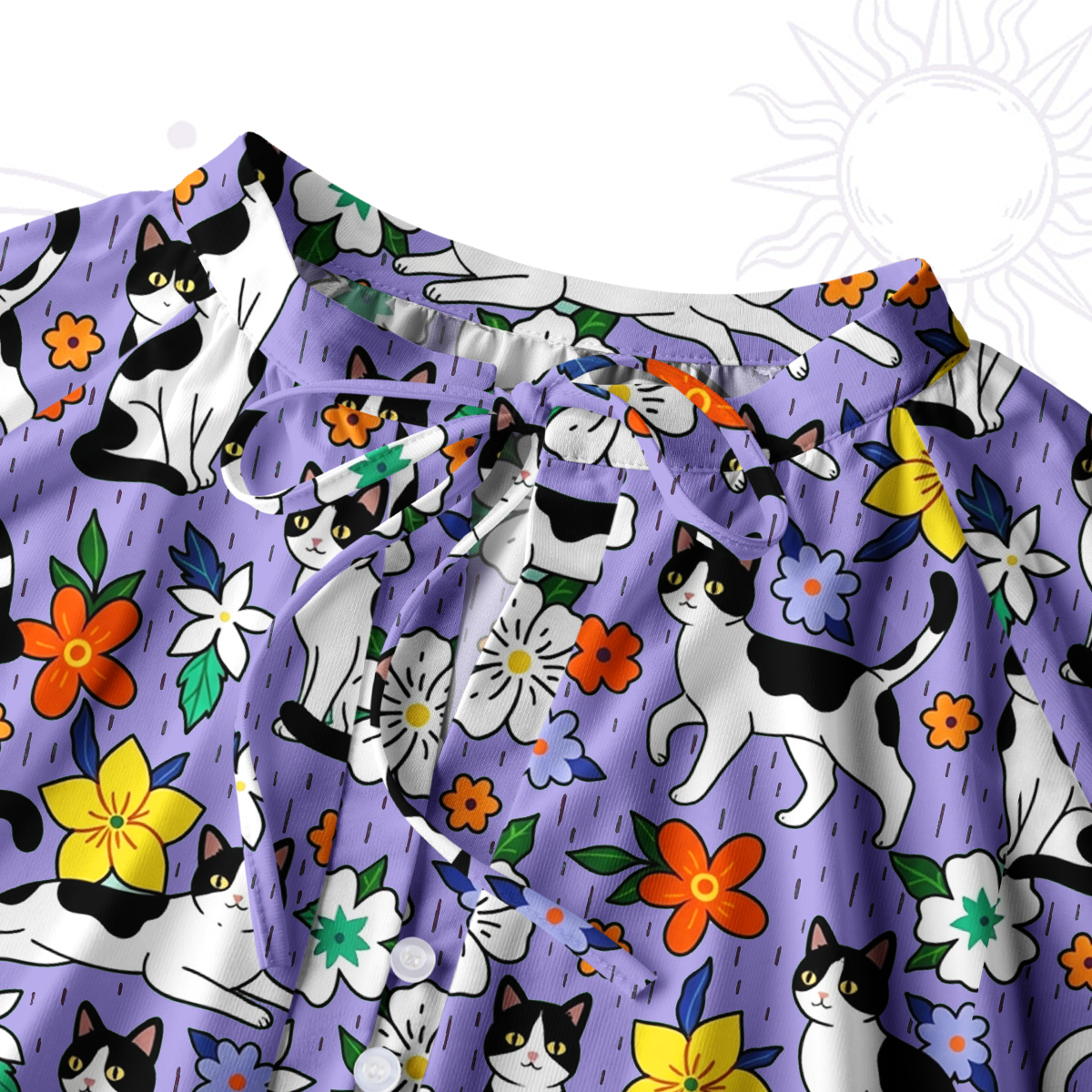 Purplehecate Enchanted Spring Whispering Cat Split Neck Tie Blouse
