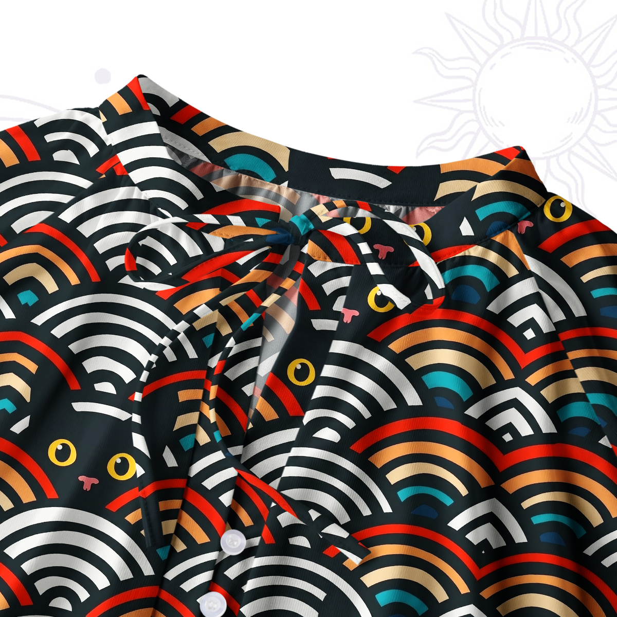 Purplehecate Rainbow Black Cat Waves Split Neck Tie Blouse