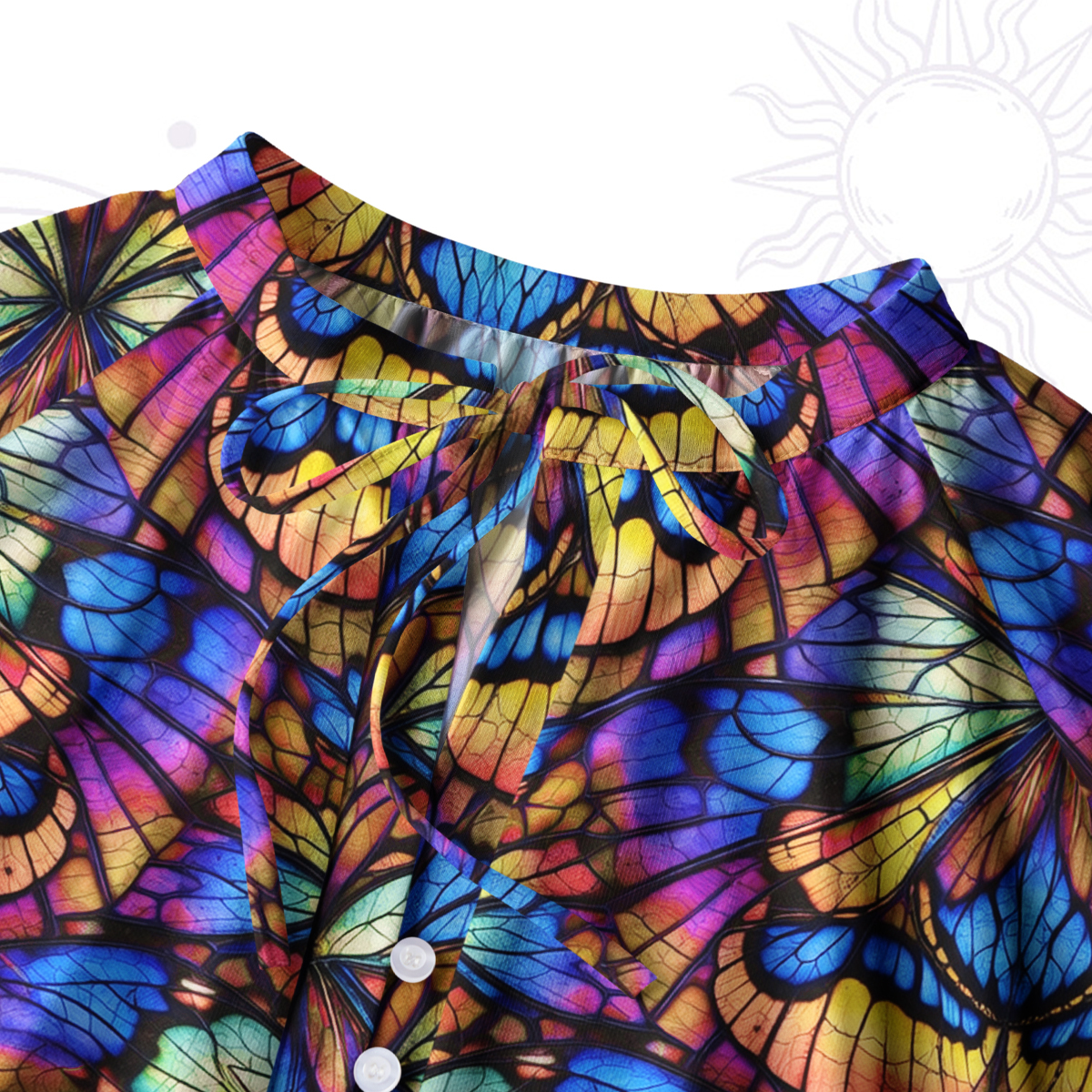 Purplehecate Colorful Butterfly Wing Pattern Split Neck Tie Blouse