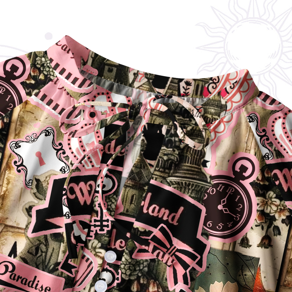 Purplehecate Wonderland Alice's Tea Party Split Neck Tie Blouse