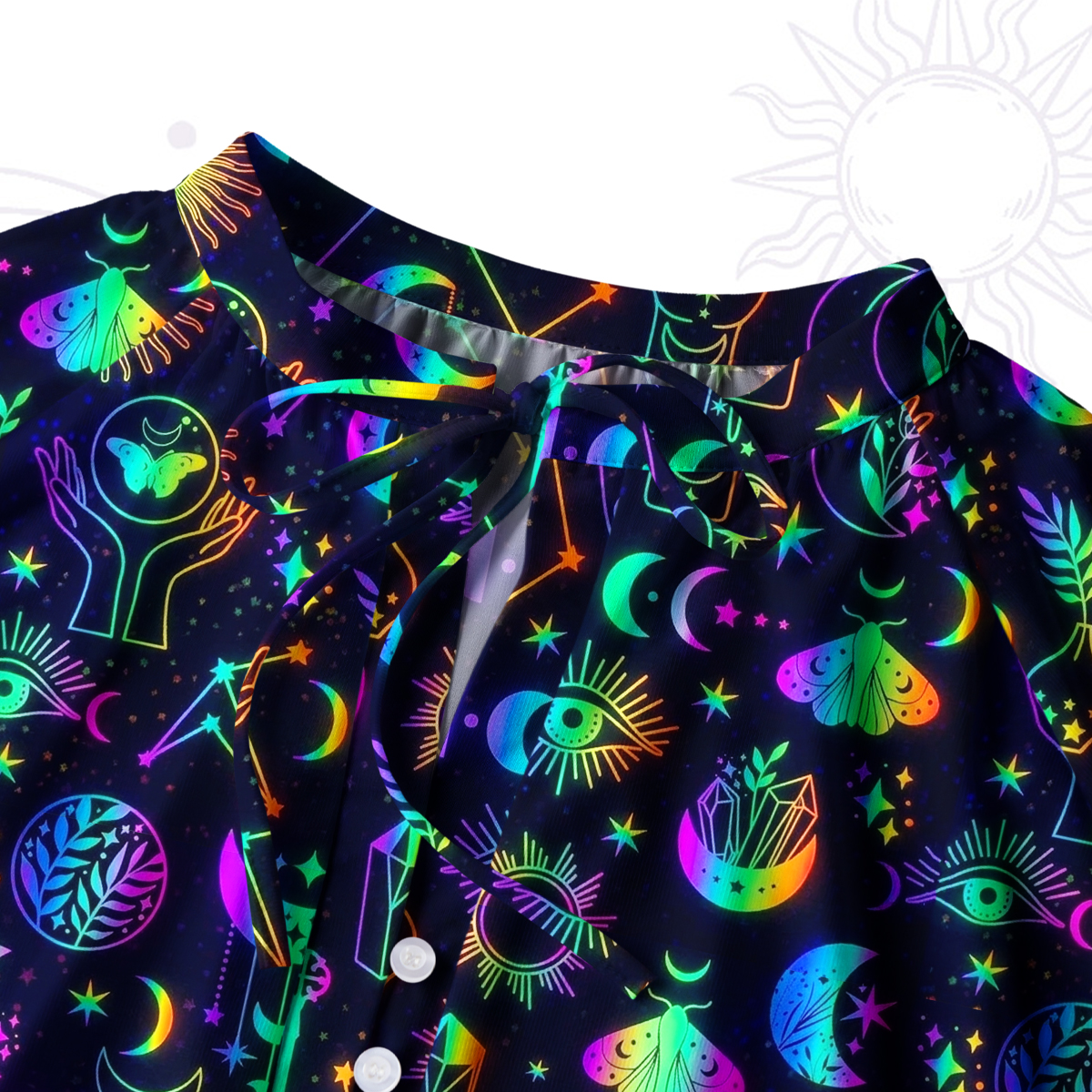 Purplehecate Blacklight Butterfly Split Neck Tie Blouse