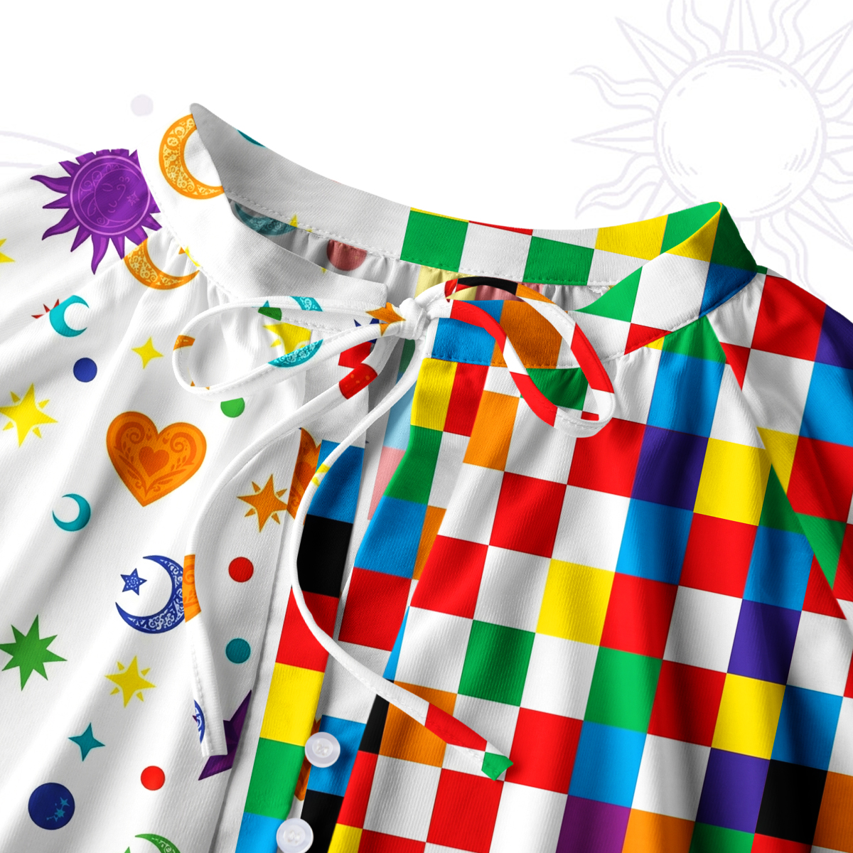 Purplehecate Celestial Rainbow Blocks Split Neck Tie Blouse