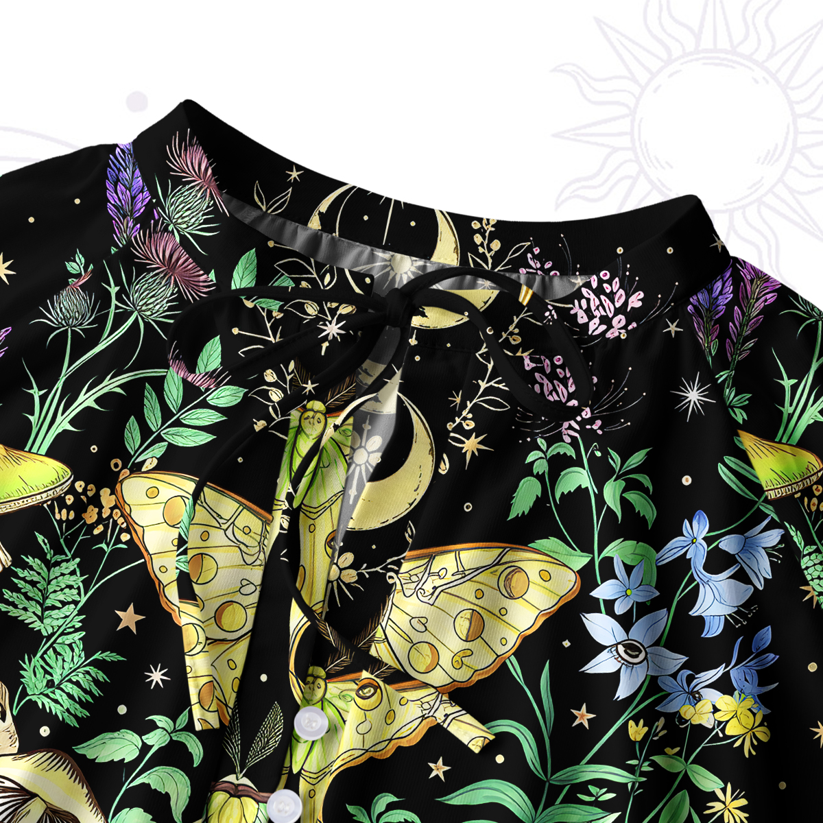Purplehecate Mystic Lunar Moth Herbal Forest Split Neck Tie Blouse