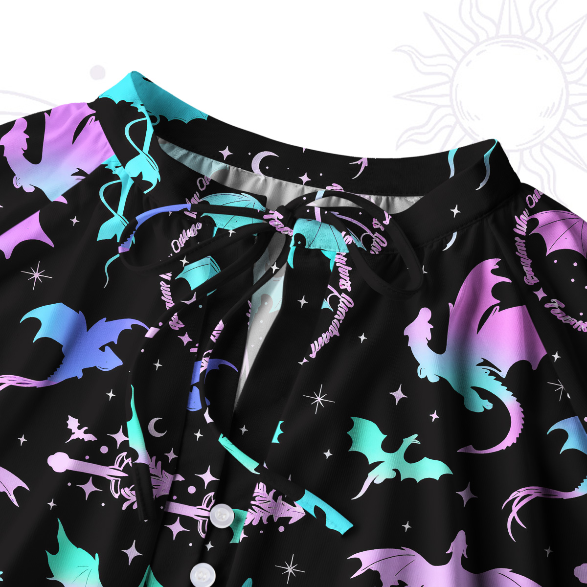 Purplehecate Neon Fantasy Dragon Allover Split Neck Tie Blouse