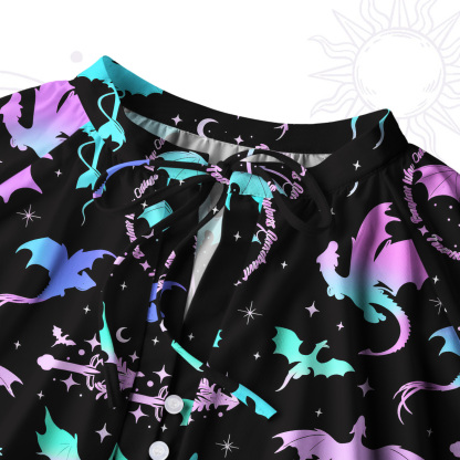 Purplehecate Neon Fantasy Dragon Allover Split Neck Tie Blouse