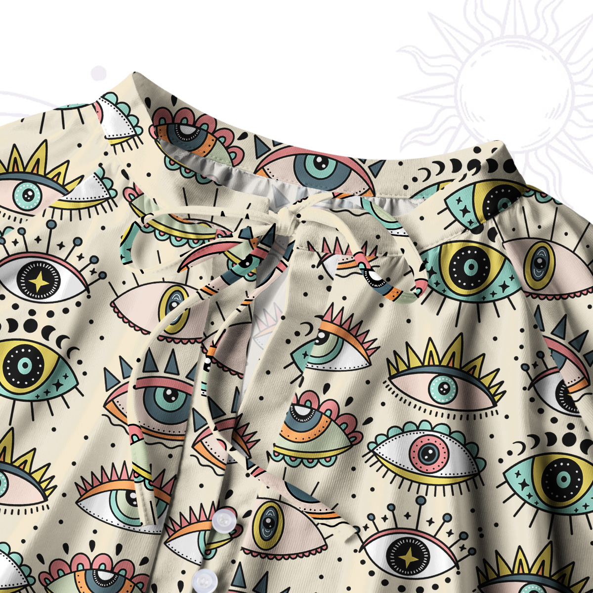 Purplehecate Evil Eye Pattern Split Neck Tie Blouse