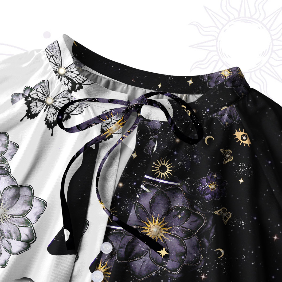 Purplehecate Starlit Cats & Butterflies Split Neck Tie Blouse